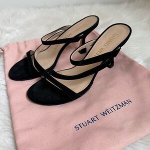 Stuart Weitzman black suede slip on kitten heels